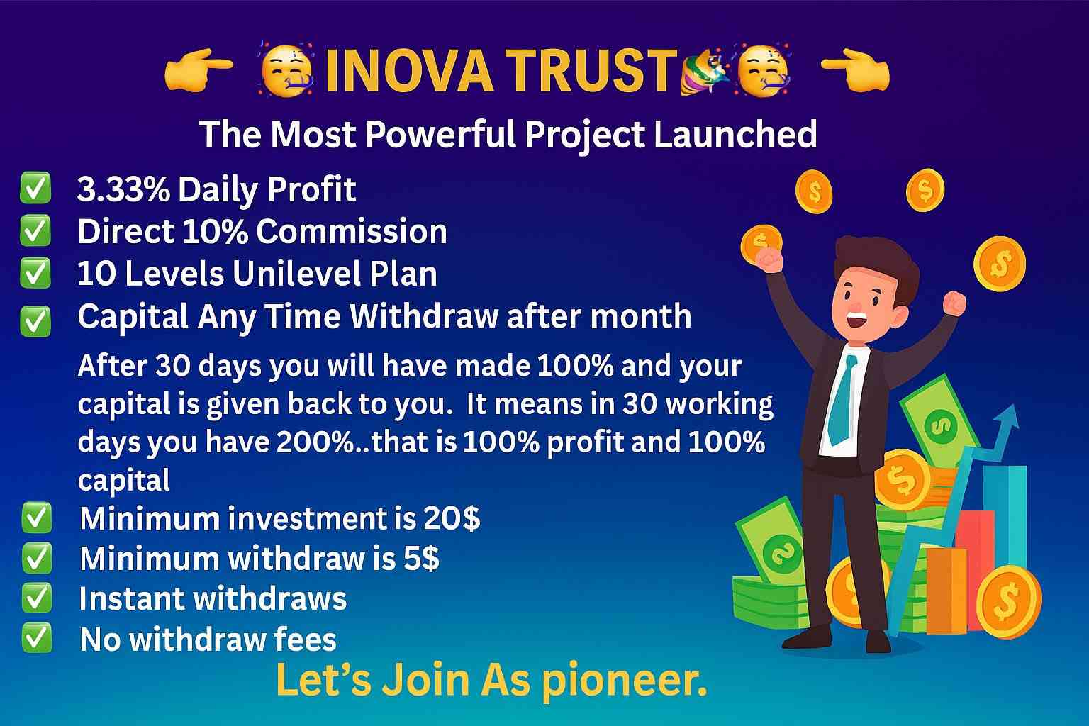 In 30 Working Days You Will Recieve Principal + 100% Roi Minimum Investment 20 In 30 Working Days You Will Recieve Principal + 100% Roi Minimum Investment 20